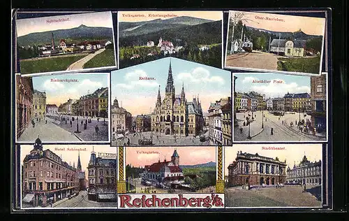 AK Reichenberg i. B., Hotel Schienhof, Bismarckplatz, Stadttheater