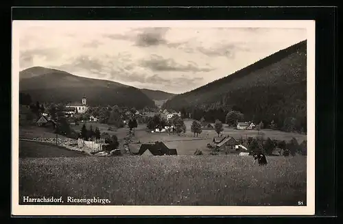 AK Harrachsdorf i. Riesengebirge, Ortsansicht mit Kirche