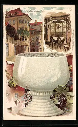 Lithographie Bozen, Das Batzenhäusl, Weinglas