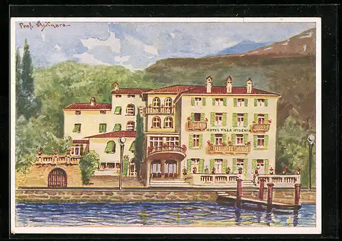Künstler-AK Torbole, Hotel Villa Ifigenia vom Gardasee betrachtet
