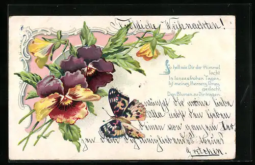 Lithographie Bunte Blumen und Schmetterling