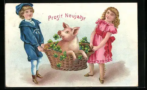 AK Kleines Paar trägt Korb mit Schwein, Neujahrsgruss