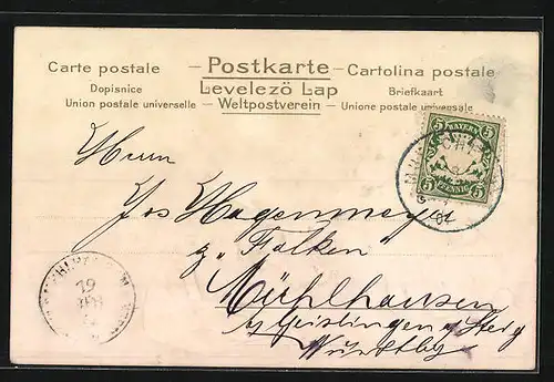 Präge-AK Hund und Tasche mit Welpen