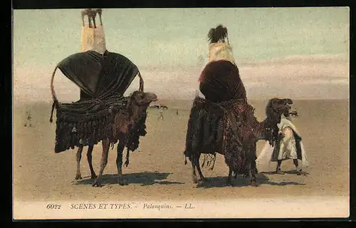 AK Hoch beladene Kamele mit Führer in der Wüste
