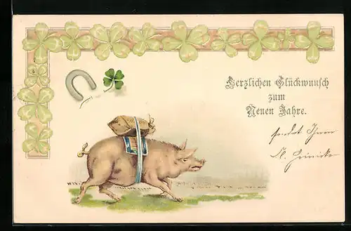 Lithographie Schwein mit umgebundenem Geldsack, Neujahrsgruss