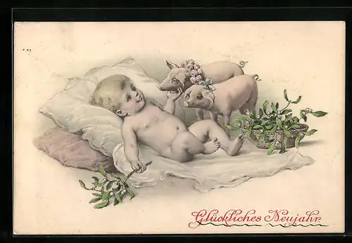 AK Nacktes Baby mit zwei Ferkeln, Neujahrsgruss
