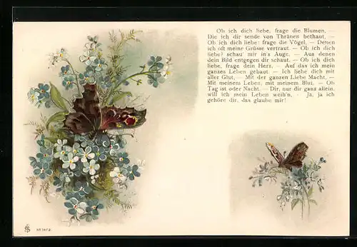 Lithographie Schmetterlinge auf blühenden Blumen