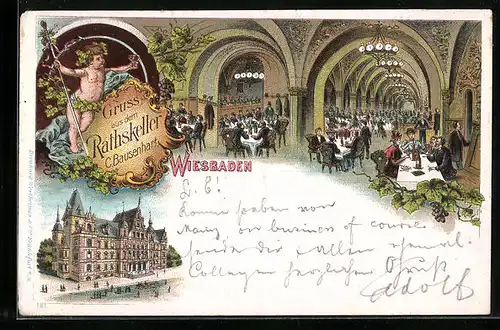 Lithographie Wiesbaden Gasthaus Rathskeller, Gebäude und Saal mit Gästen