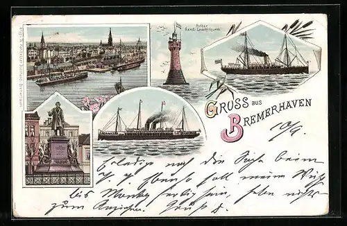 Lithographie Bremerhaven, Hafenpartie, Übersee-Dampfer