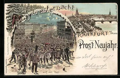 Lithographie Frankfurt a. M., Teilansicht, Silvesternacht auf der Zeil