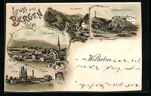 Lithographie Bergen, Dorf Bergen, Station Bergen, Hochfellnhaus