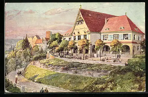 Künstler-AK Grünwald, Restaurant Zur Römerschanze, Gebäudeansicht mit Terrassen und Strasse