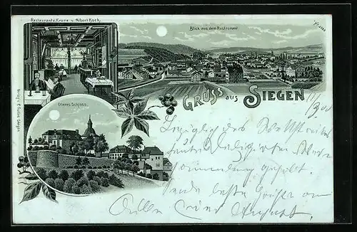 Mondschein-Lithographie Siegen, Ortsansicht, Restaurant zur Krone, Oberes Schloss