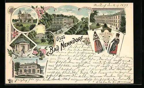 Lithographie Bad Nenndorf, Kurhaus mit Strasse, Badehaus, Schlösschen