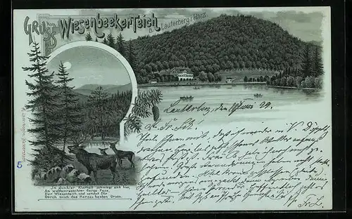 Mondschein-Lithographie Lauterberg i. H., Wiesenbeeker Teich, Röhrender Hirsch