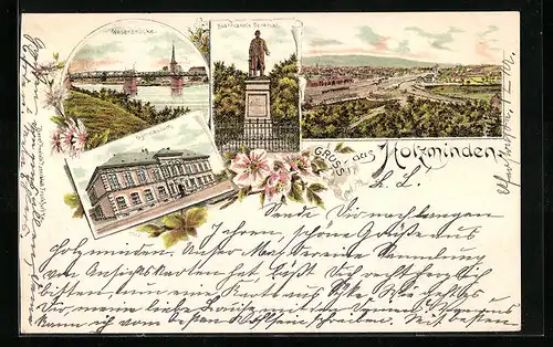 Lithographie Holzminden, Ortsansicht, Weserbrücke, Gymnasium