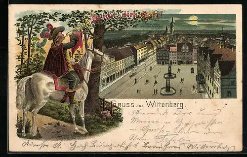 Lithographie Wittenberg, Trompeter von Säckingen, Marktplatz von oben gesehen