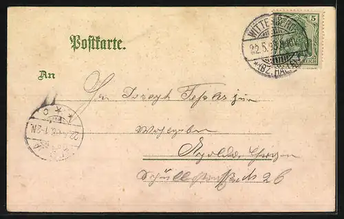 Lithographie Wittenberg, Trompeter von Säckingen, Marktplatz von oben gesehen