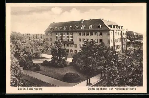 AK Berlin-Schöneberg, Gemeindehaus der Nathanaelkirche mit Rubensplatz aus der Vogelschau