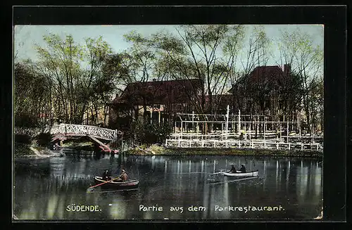 AK Berlin, Parkrestaurant Südende mit Teich und Brücke