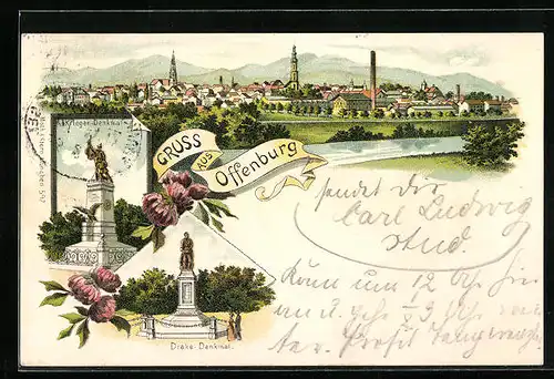 Lithographie Offenburg, Krieger-Denkmal, Drake-Denkmal