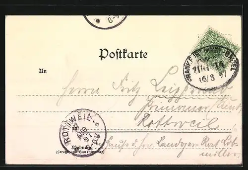 Lithographie Offenburg, Krieger-Denkmal, Drake-Denkmal