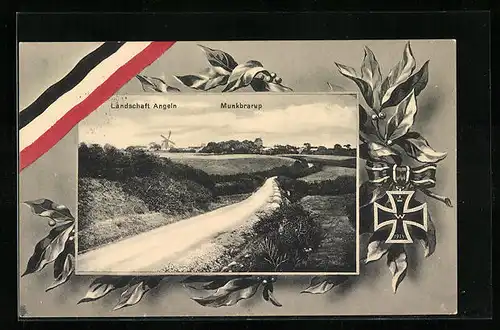 AK Munkbrarup, Blick auf Landstrasse mit Windmühle, Landschaft Angeln