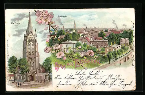 Lithographie Elmshorn, Totalansicht und Kirche