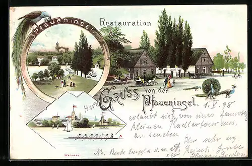Lithographie Wannsee, Pfaueninsel mit Besuchern
