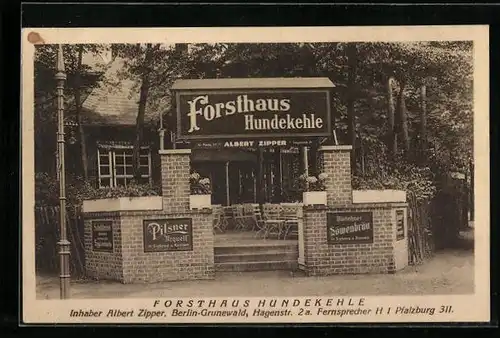 AK Berlin-Grunewald, Gasthof Forsthaus Hundekehle, Hagenstr. 2a