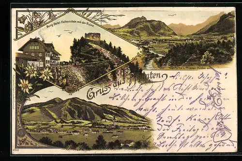 Lithographie Pfronten, Burg-Hotel Falkenstein mit der Ruine