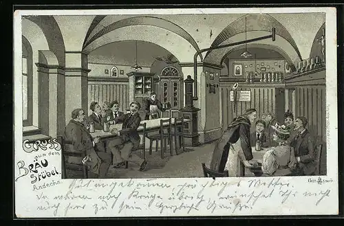 Lithographie Andechs, Gasthaus Bräu Strübel