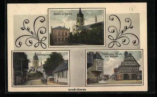 AK Gross-Gerau, Hellwigstrasse, Frankfurter Strasse mit Rathaus