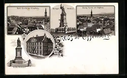 Lithographie Offenburg, Kath. Kirche, Evang. Kirche, Rathaus