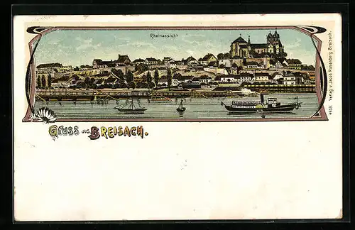 Lithographie Breisach, Rheinansicht mit Booten