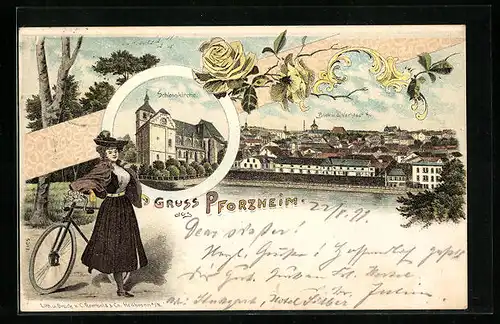 Lithographie Pforzheim, Schlosskirche, Blick v. d. Vorstadt