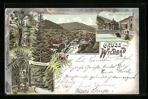 Lithographie Wildbad, Anlagenparthien, Trinkhalle & Hotel Bellevue