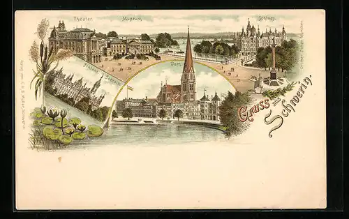 Lithographie Schwerin, Schloss, Theater, Museum