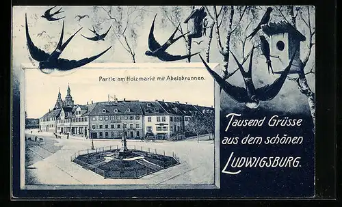 AK Ludwigsburg, Partie am Holzmarkt mit Abelsbrunnen