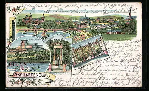 Lithographie Aschaffenburg, Wintergarten im Pompejanum