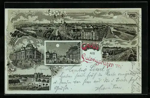 Mondschein-Lithographie Ludwigshafen a. Rh., Rheinbrücke, Bahnhof, Post