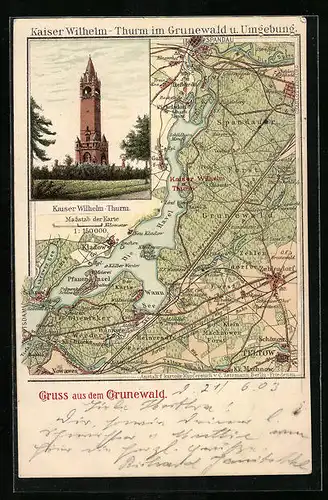Lithographie Grunewald, Kaiser Wilhelm-Turm und Karte der Umgebung