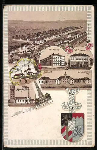 Lithographie Lager Lechfeld, Neue Kaserne, Garnison-Verwaltung, Kriegerdenkmal