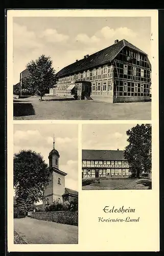 AK Edesheim, Strassenpartien mit Kirche und Gasthaus zur Linde