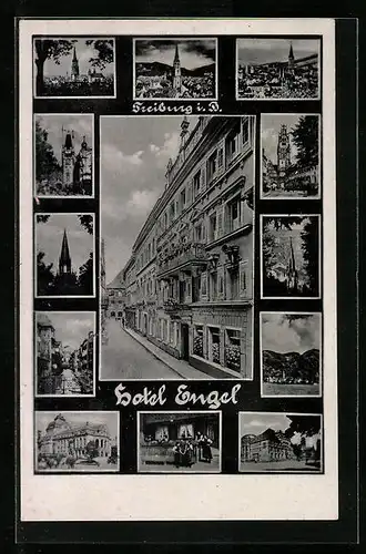 AK Freiburg i. B., Hotel Engel mit Ansichten der Stadt und Münster