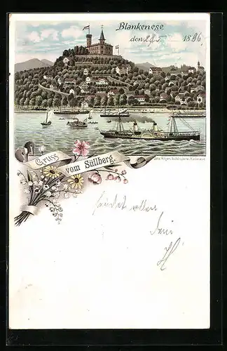 Lithographie Hamburg-Blankenese, Gasthaus Süllberg von der Elbe betrachtet, Dampfer