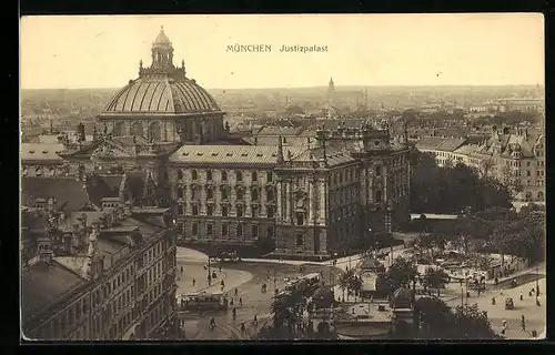 AK München, Justizpalast mit Strassenbahnen