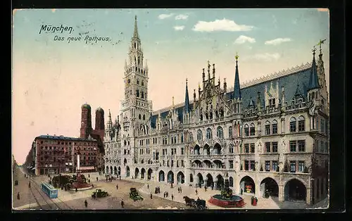 AK München, Strassenbahn am neuen Rathaus