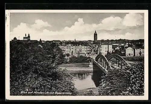 AK Minden i. W., Weserbrücke mit Strassenbahnen