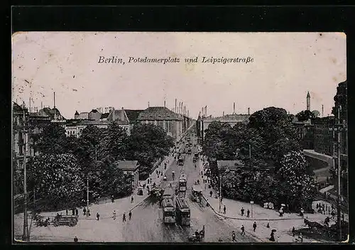 AK Berlin, Potsdamerplatz und Leipzigerstrasse mit Strassenbahnen